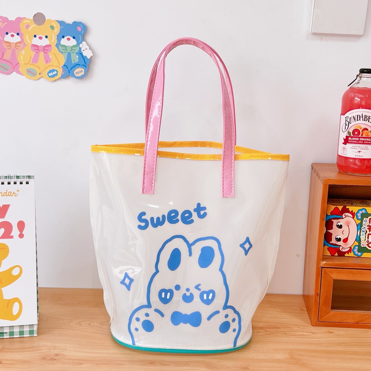 Ins Simple Transparent Beach Bag Summer Travel Handbag Cute Girl Heart Cartoon Bear Hand Bag Women's Bag
