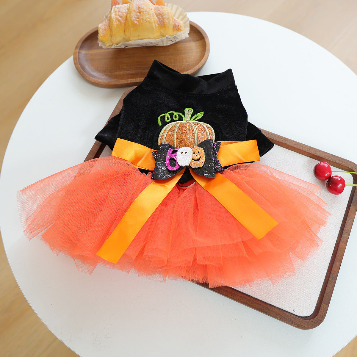 Halloween Pumpkin Pet Tulle Skirt Velvet Ghost Bow Dress for Dogs and Cats Holiday Costume
