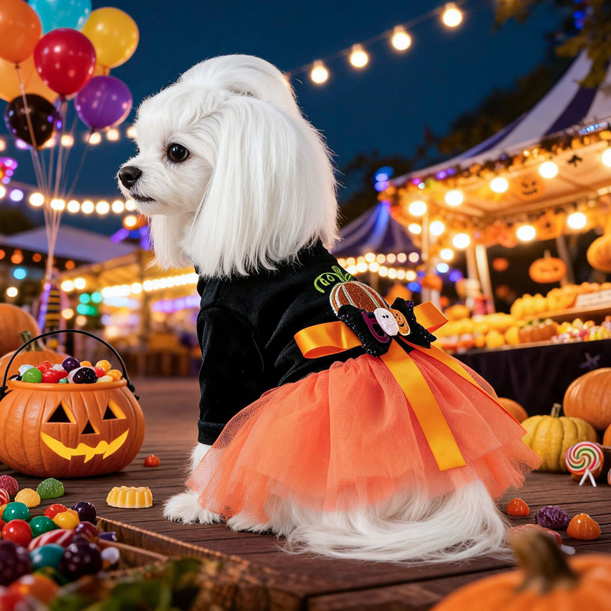 Halloween Pumpkin Pet Tulle Skirt Velvet Ghost Bow Dress for Dogs and Cats Holiday Costume