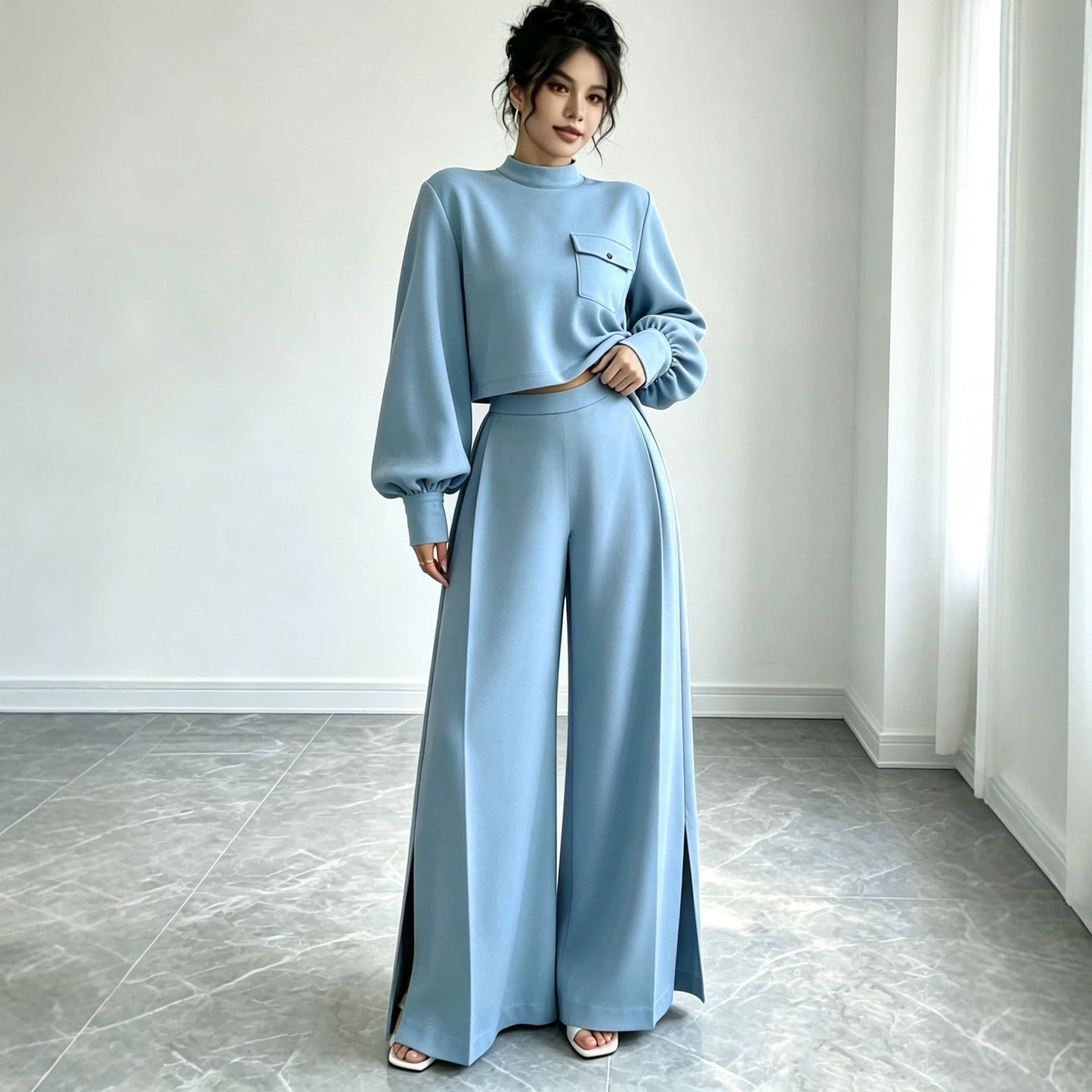 Solid color wide leg pants set for women