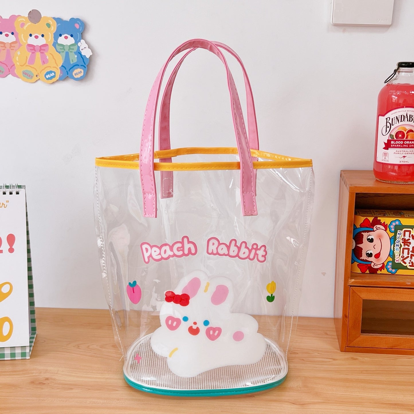 Ins Simple Transparent Beach Bag Summer Travel Handbag Cute Girl Heart Cartoon Bear Hand Bag Women's Bag