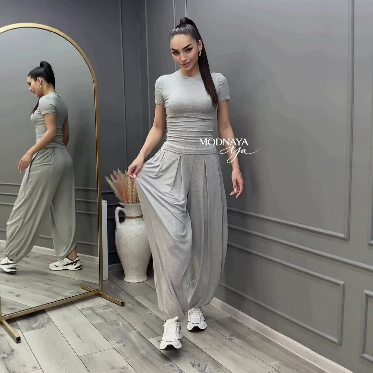 Style summer short sleeve T-shirt wide-leg pants casual elegant women's set