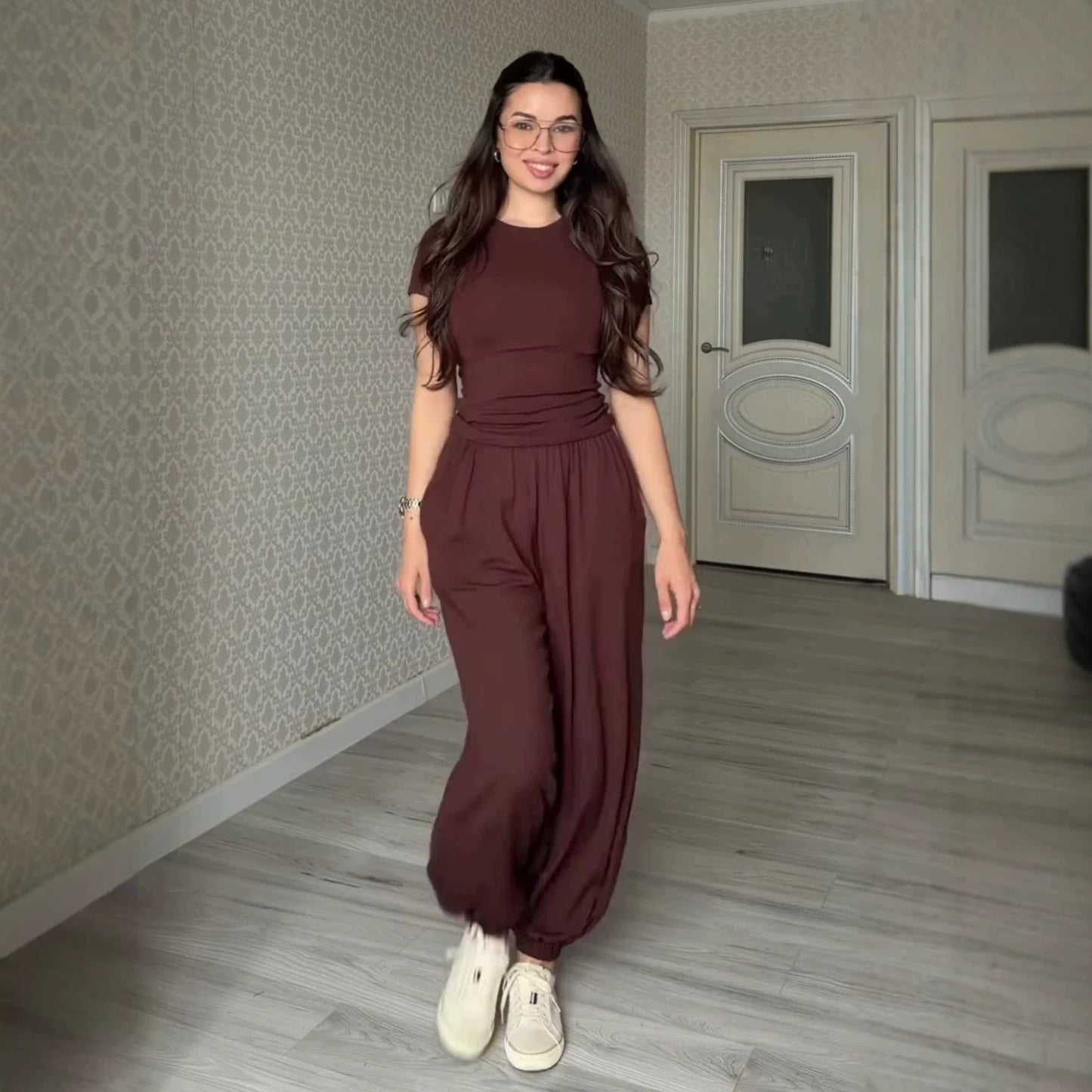 Style summer short sleeve T-shirt wide-leg pants casual elegant women's set