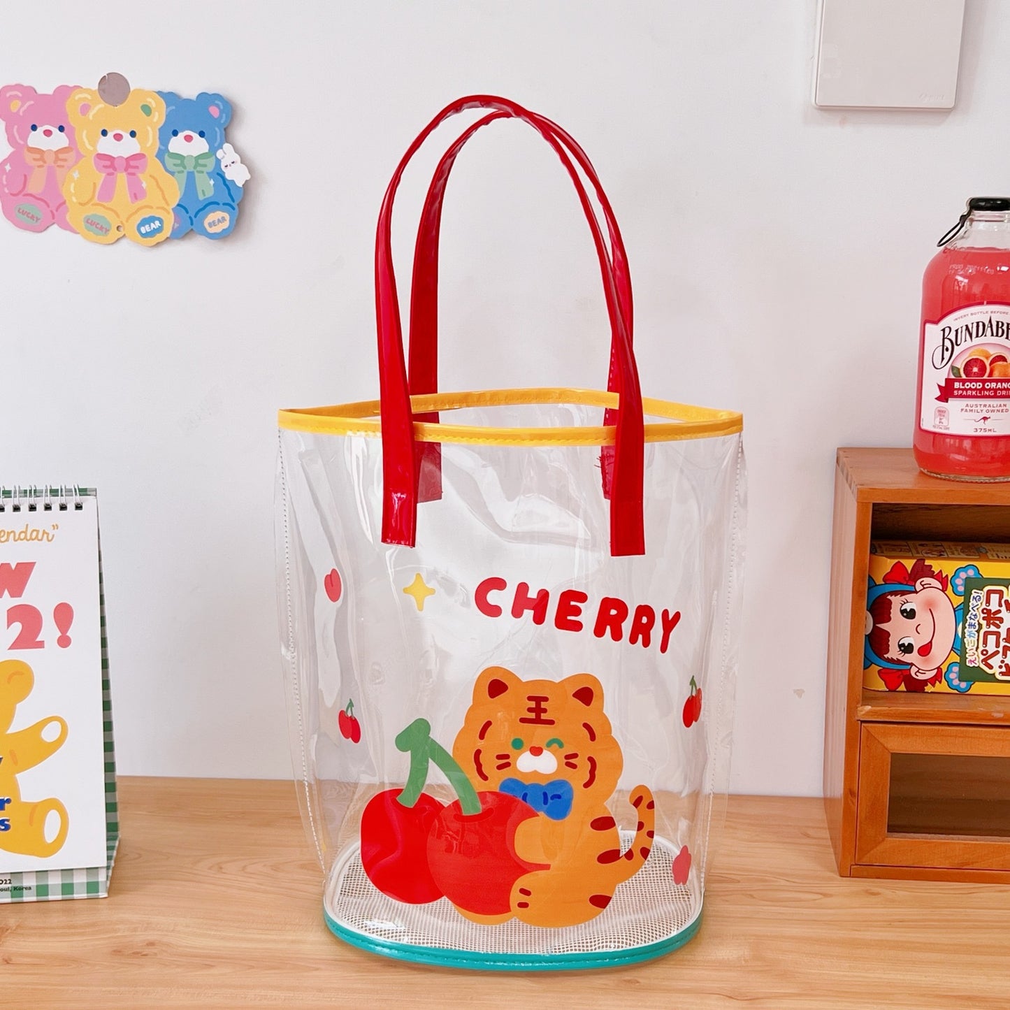 Ins Simple Transparent Beach Bag Summer Travel Handbag Cute Girl Heart Cartoon Bear Hand Bag Women's Bag