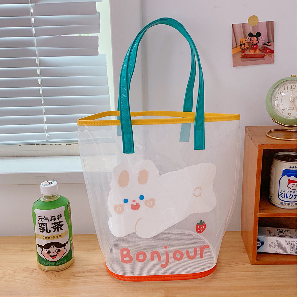 Ins Simple Transparent Beach Bag Summer Travel Handbag Cute Girl Heart Cartoon Bear Hand Bag Women's Bag