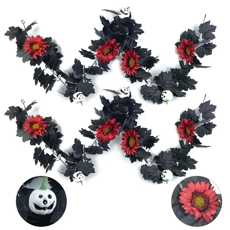 Faux Halloween Vine with Ghost Face Pumpkin and Maple Leaves Decorative Vine for Home Halloween Decoration
