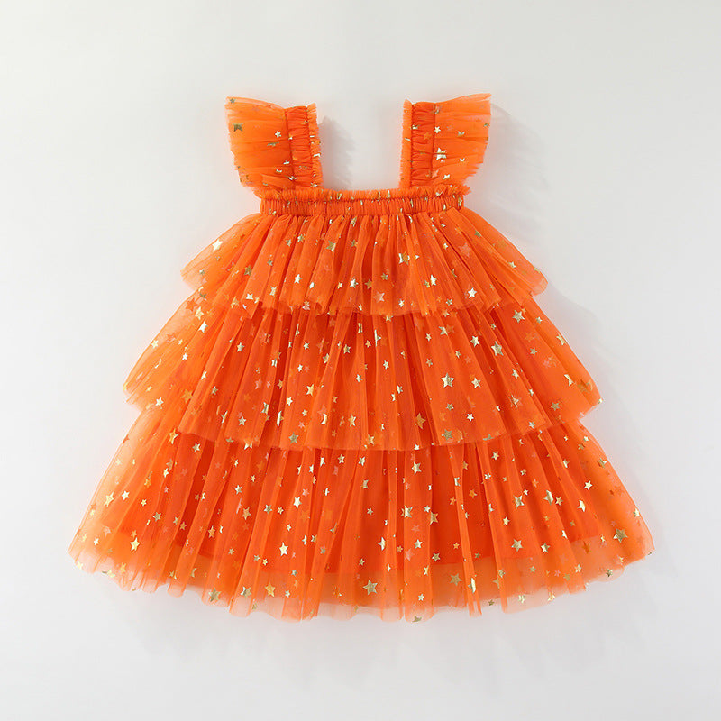 Girls' Halloween Flutter Sleeve Strapless Layered Dress, Ghost Pumpkin Style Holiday Formal Dress
