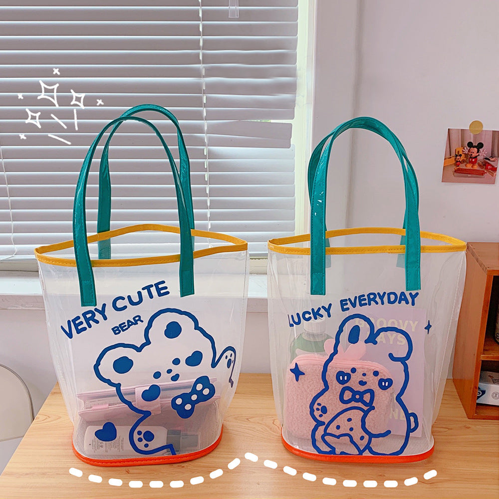 Ins Simple Transparent Beach Bag Summer Travel Handbag Cute Girl Heart Cartoon Bear Hand Bag Women's Bag