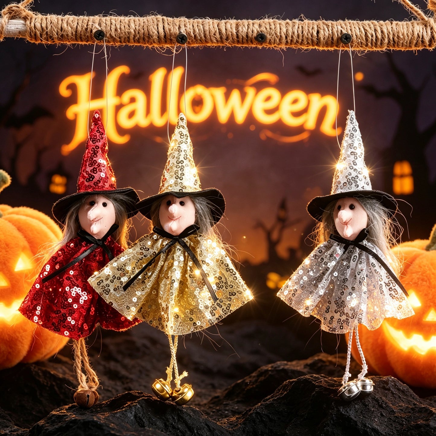 Halloween Decoration Props Cartoon Tulle Skirt Bell Hanging Ornament Pumpkin Witch Hanging Decor Pumpkin Hanging Ornament
