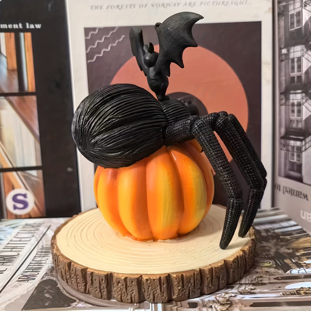 Halloween pumpkin spider on wooden stake atmosphere decoration resin craft ornaments Spider on Pumpkin