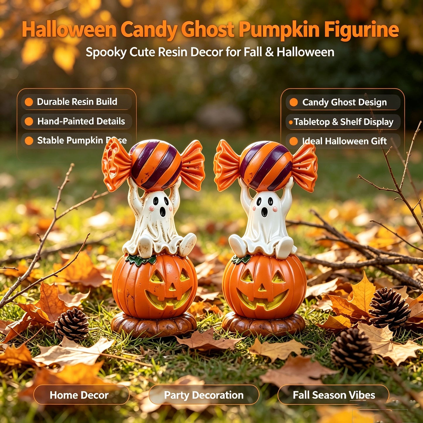 Halloween Candy Ghost Pumpkin Resin Figurine Autumn Atmosphere Desk Statue Party Decoration Decorative Item