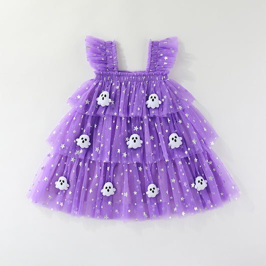 Girls' Halloween Flutter Sleeve Strapless Layered Dress, Ghost Pumpkin Style Holiday Formal Dress