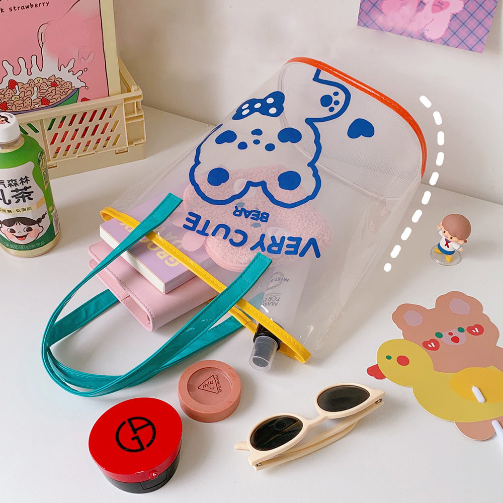 Ins Simple Transparent Beach Bag Summer Travel Handbag Cute Girl Heart Cartoon Bear Hand Bag Women's Bag