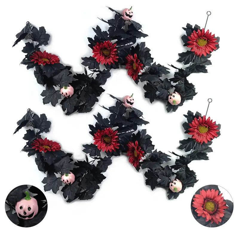 Faux Halloween Vine with Ghost Face Pumpkin and Maple Leaves Decorative Vine for Home Halloween Decoration