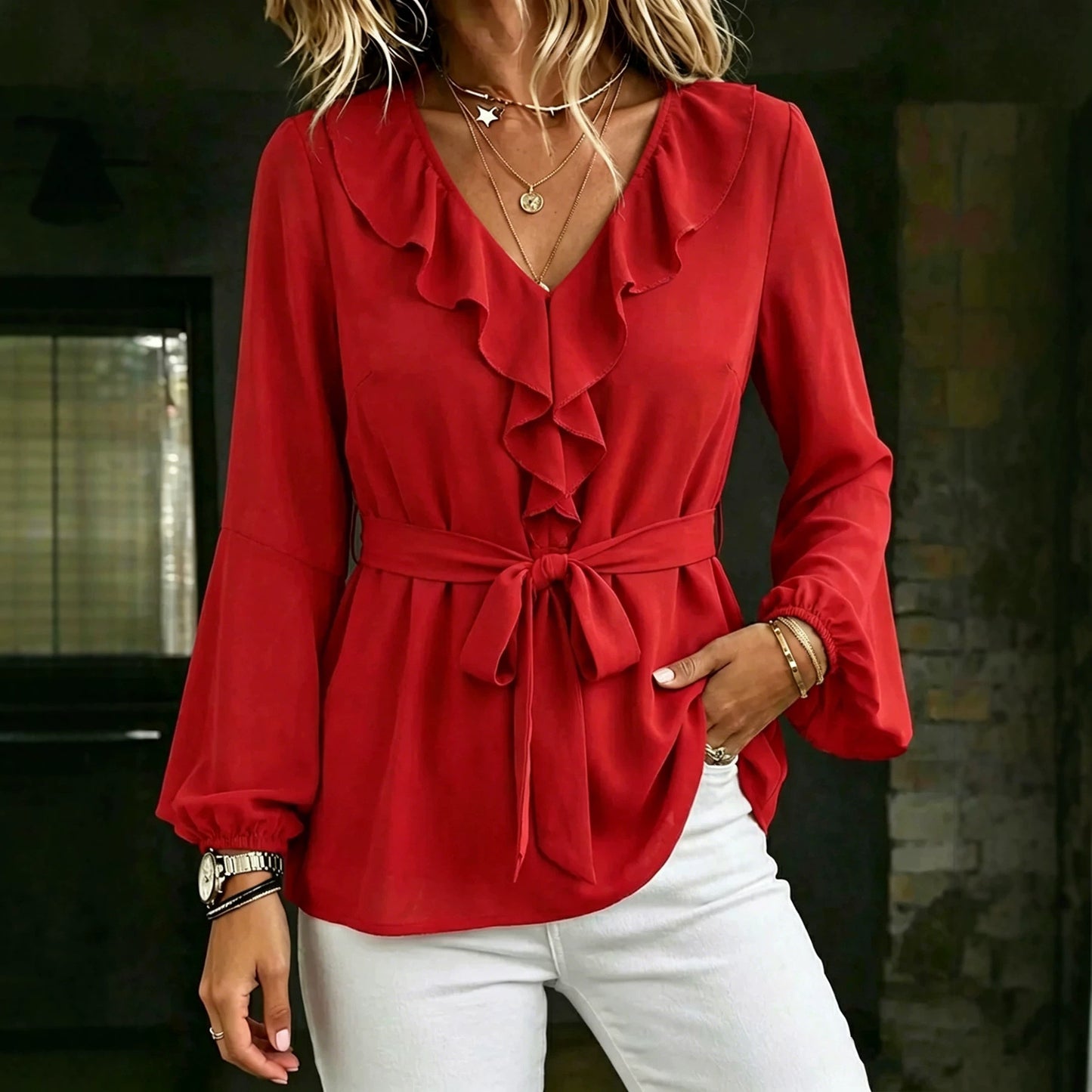Elegant Women's V-Neck Ruffle Blouse with Tie Waist, Lantern Sleeves Long Sleeve Top