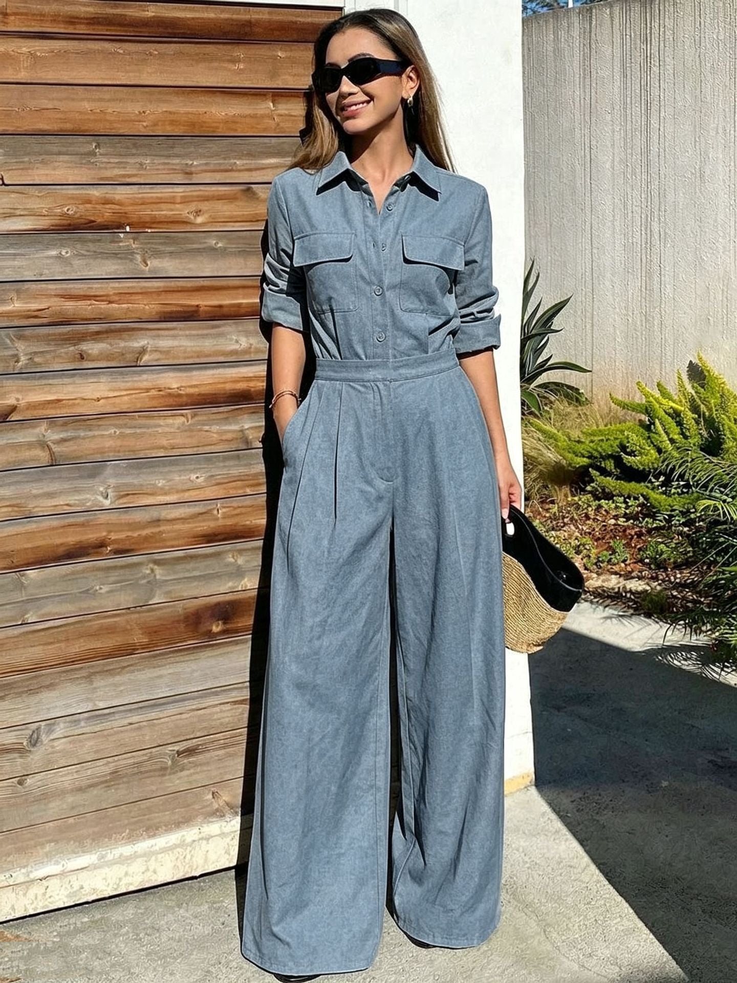 Women's collar long sleeved jumpsuit