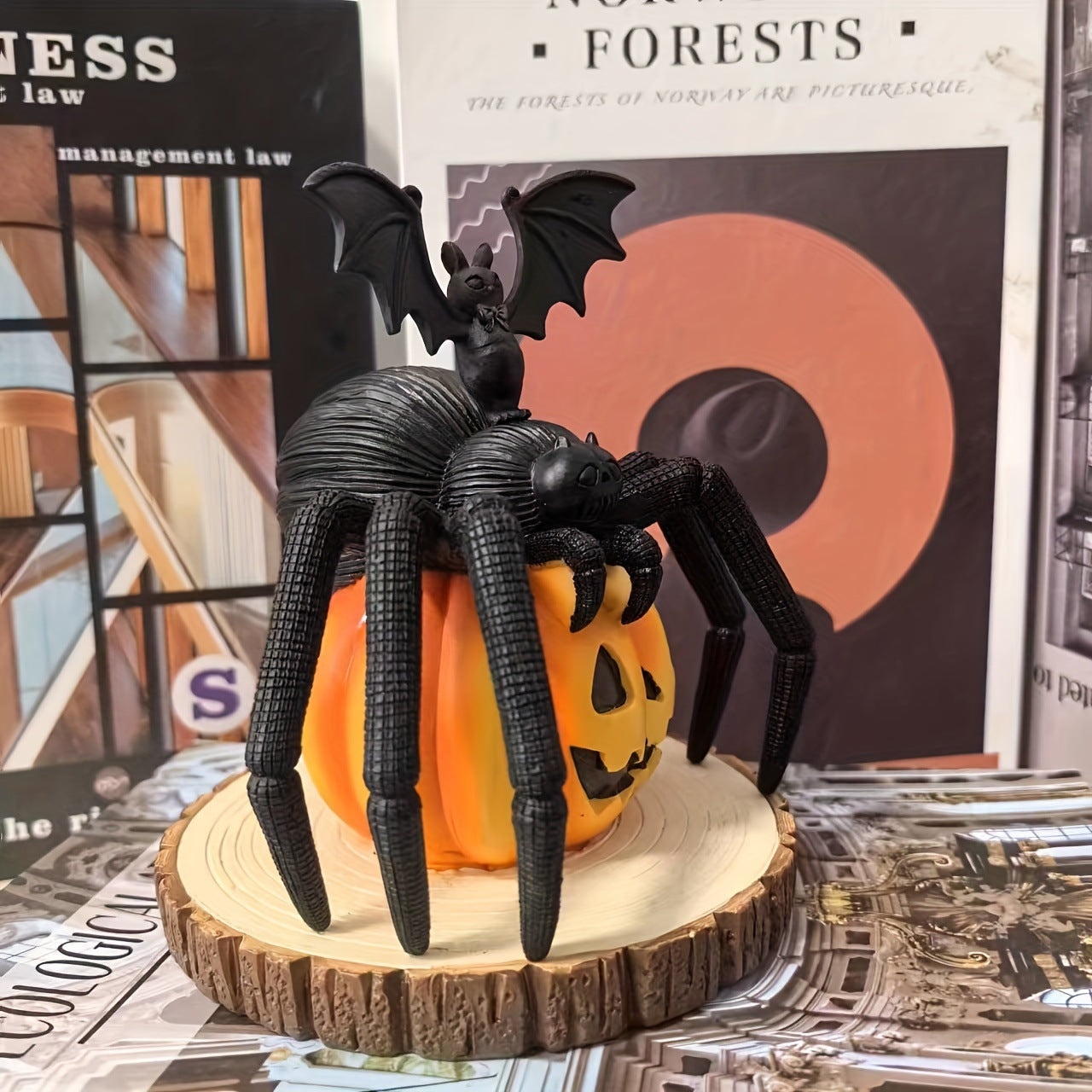 Halloween pumpkin spider on wooden stake atmosphere decoration resin craft ornaments Spider on Pumpkin