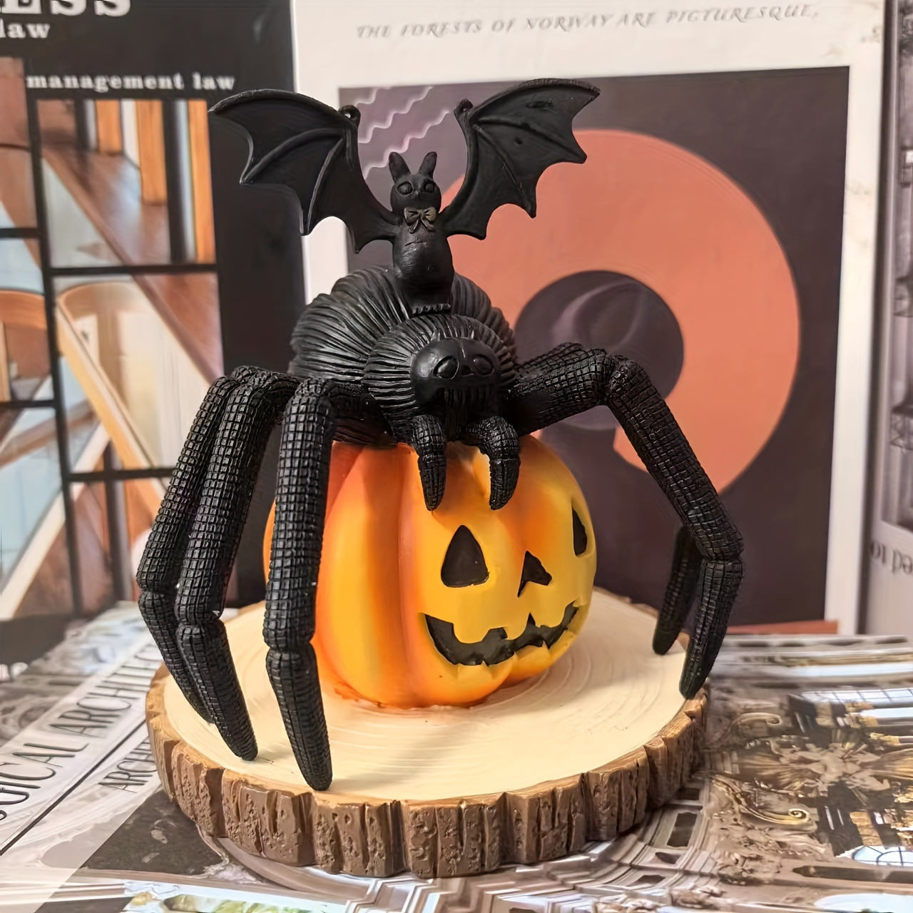 Halloween pumpkin spider on wooden stake atmosphere decoration resin craft ornaments Spider on Pumpkin