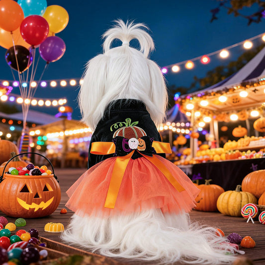 Halloween Pumpkin Pet Tulle Skirt Velvet Ghost Bow Dress for Dogs and Cats Holiday Costume