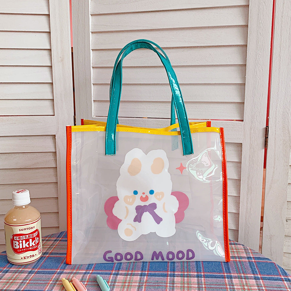 Ins Simple Transparent Beach Bag Summer Travel Handbag Cute Girl Heart Cartoon Bear Hand Bag Women's Bag