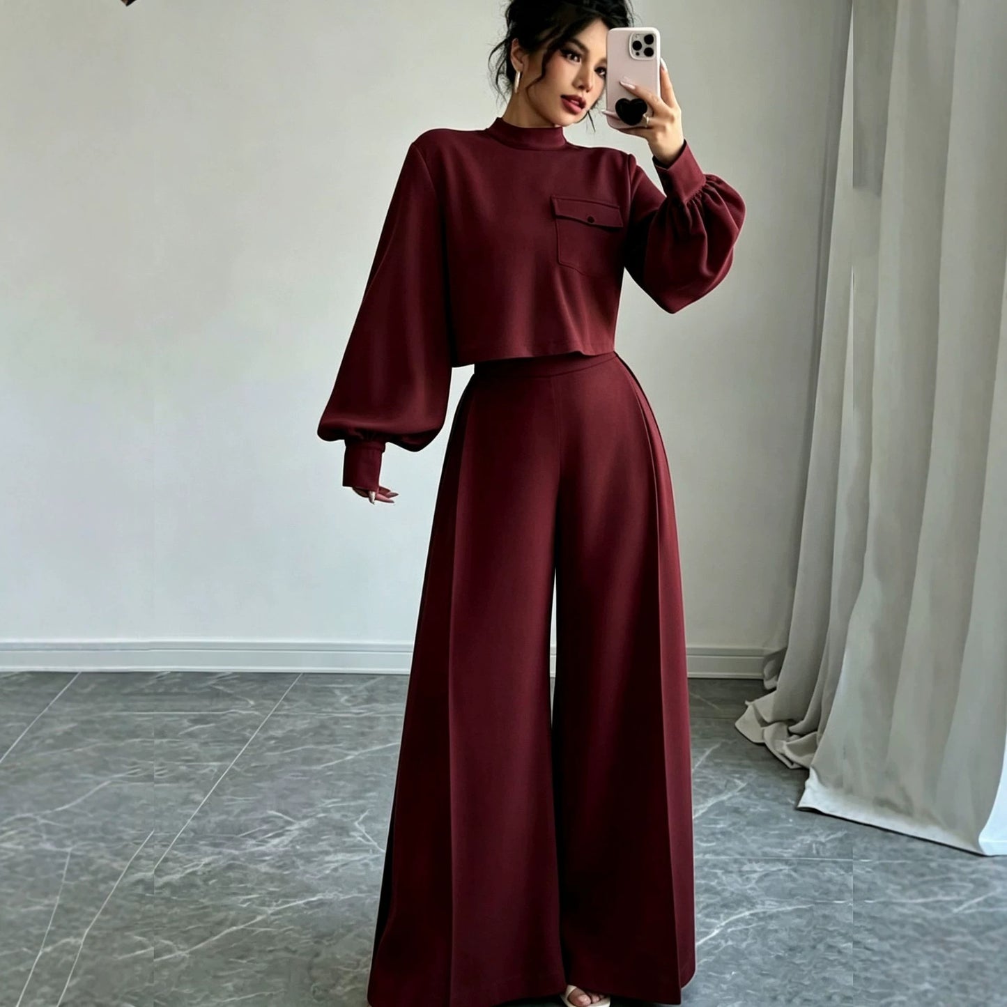 Solid color wide leg pants set for women