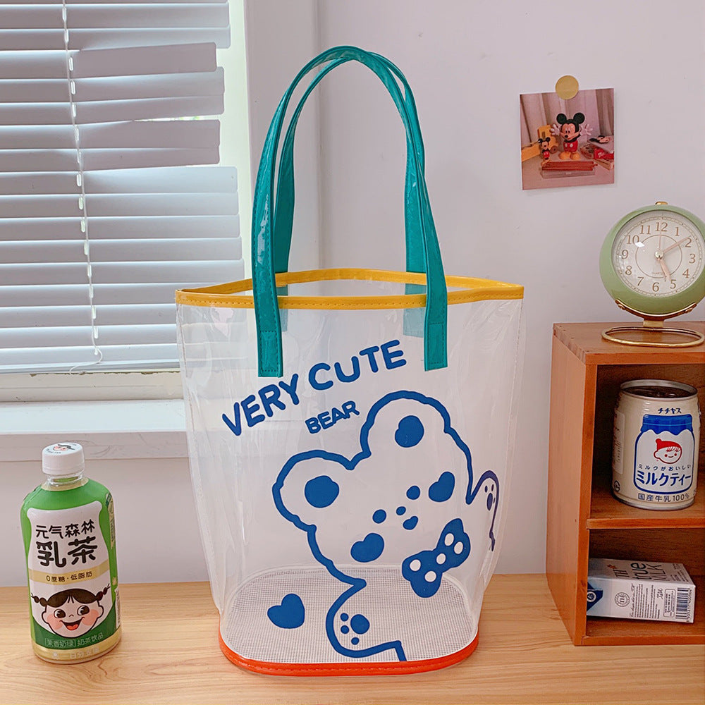 Ins Simple Transparent Beach Bag Summer Travel Handbag Cute Girl Heart Cartoon Bear Hand Bag Women's Bag