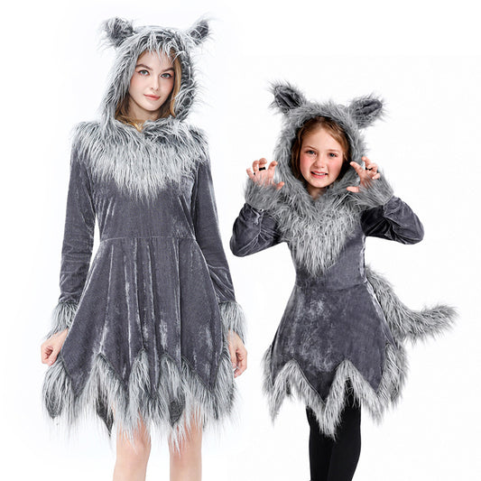 Family Wolf Costume Dress for Adults and Kids, Gray Werewolf Cosplay Outfit for Halloween Stage Animal Performance
