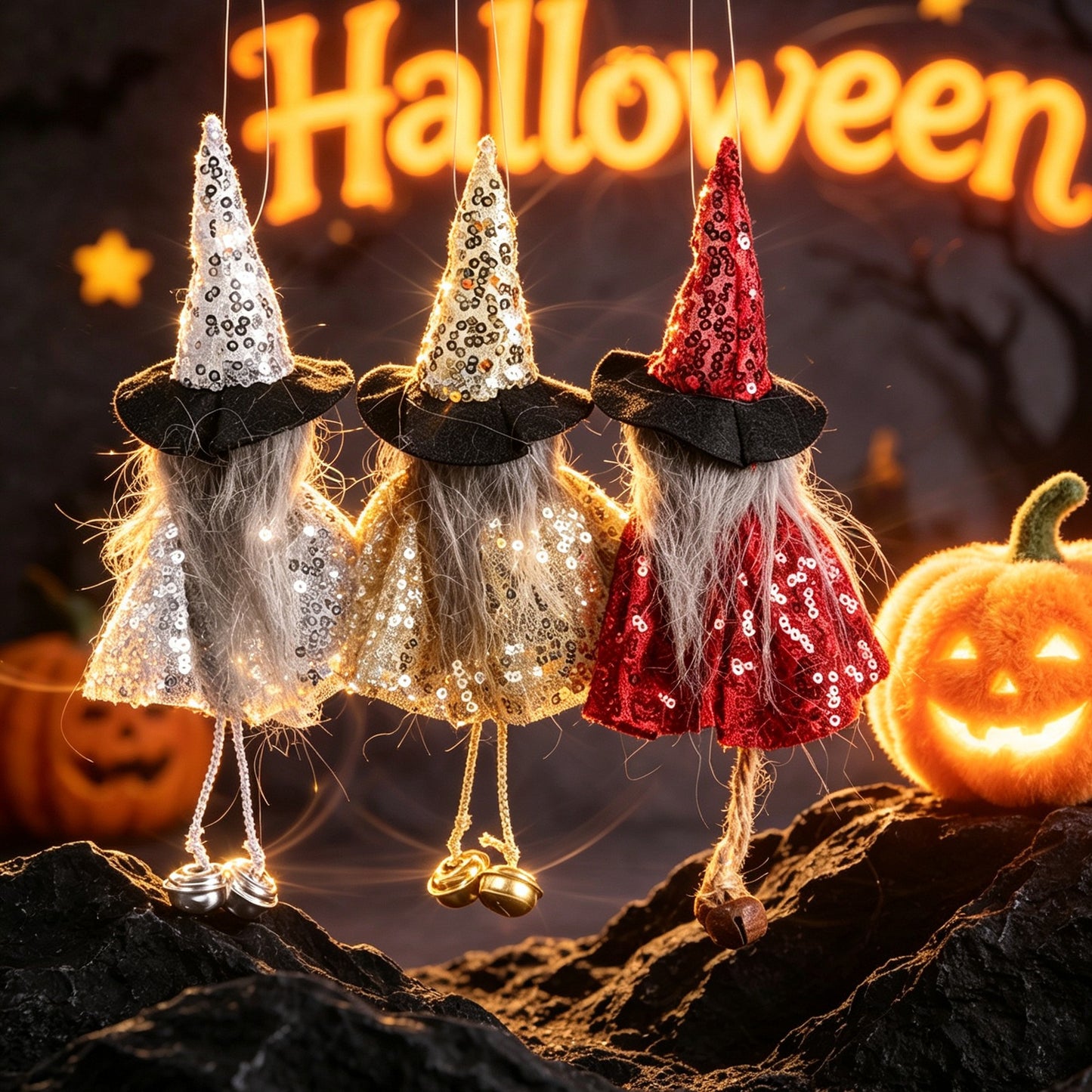 Halloween Decoration Props Cartoon Tulle Skirt Bell Hanging Ornament Pumpkin Witch Hanging Decor Pumpkin Hanging Ornament