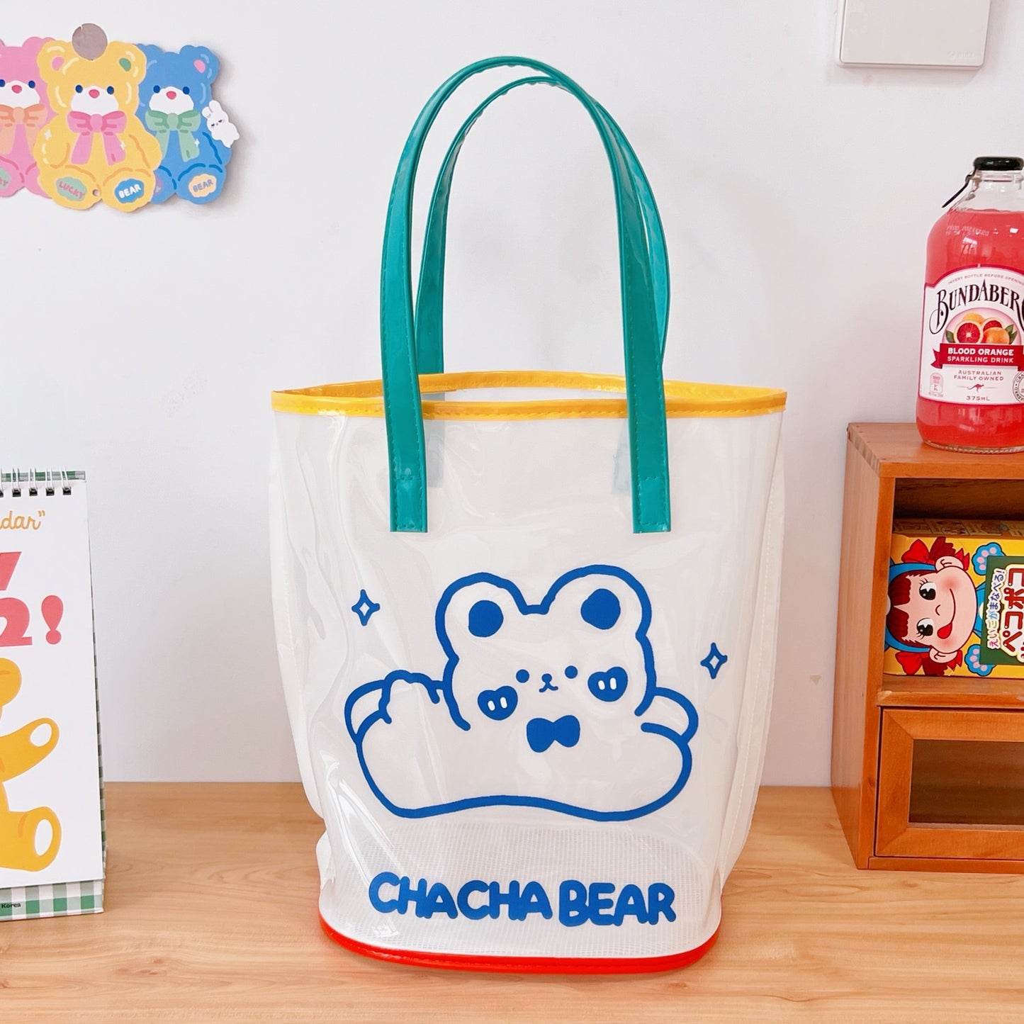 Ins Simple Transparent Beach Bag Summer Travel Handbag Cute Girl Heart Cartoon Bear Hand Bag Women's Bag