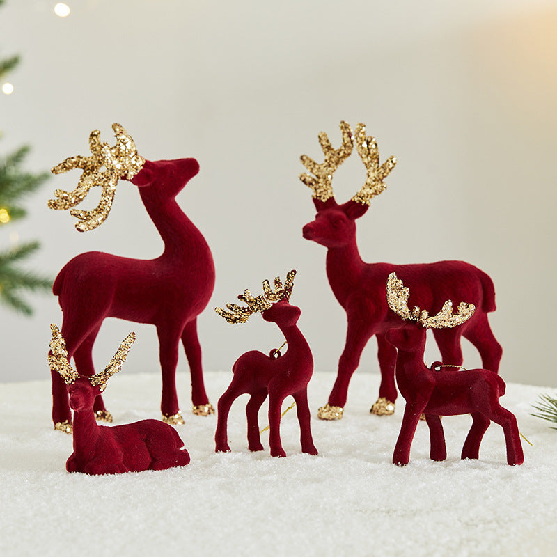 Christmas Glitter Flocked Reindeer Desk Decoration for Store Window Display, Festival Event Decor, Festive Atmosphere Deer Ornament