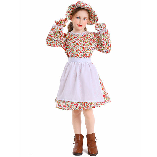 Children's Floral Maid Dress Vintage Farm Girl Stage Performance Costume Halloween Cosplay Outfit