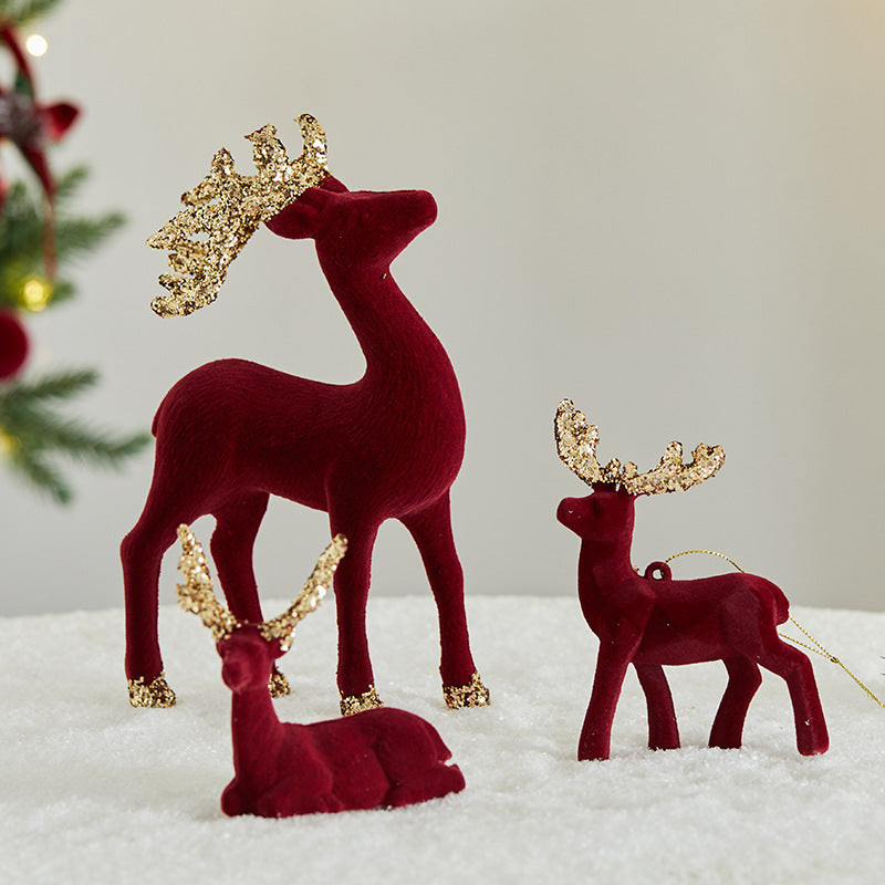 Christmas Glitter Flocked Reindeer Desk Decoration for Store Window Display, Festival Event Decor, Festive Atmosphere Deer Ornament