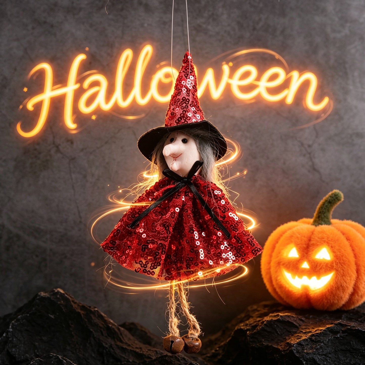 Halloween Decoration Props Cartoon Tulle Skirt Bell Hanging Ornament Pumpkin Witch Hanging Decor Pumpkin Hanging Ornament