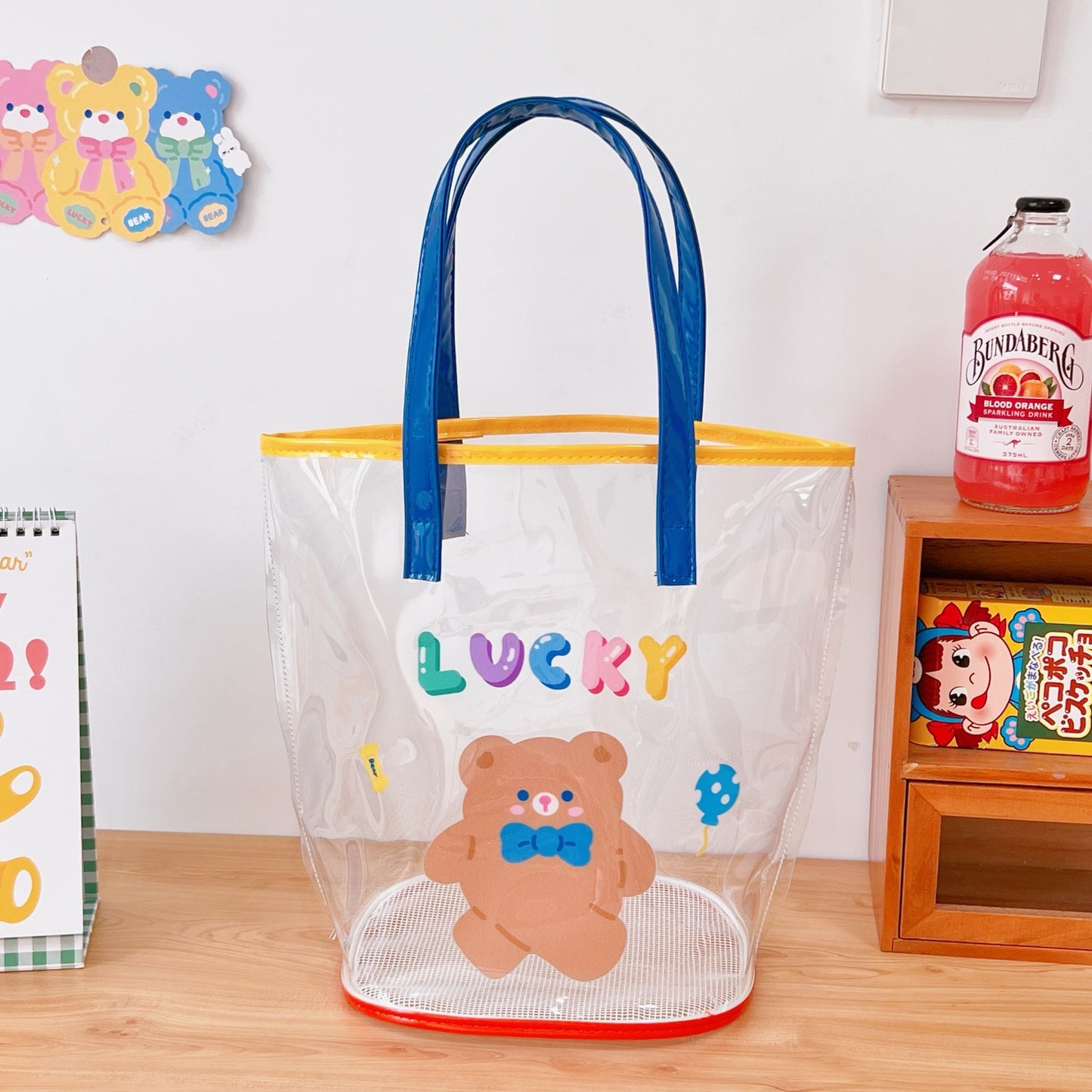 Ins Simple Transparent Beach Bag Summer Travel Handbag Cute Girl Heart Cartoon Bear Hand Bag Women's Bag