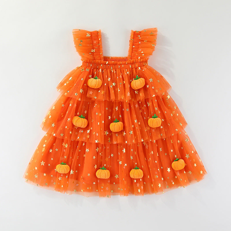 Girls' Halloween Flutter Sleeve Strapless Layered Dress, Ghost Pumpkin Style Holiday Formal Dress